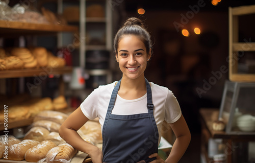 Young hispanic woman home baked goods seller standing in her shop.