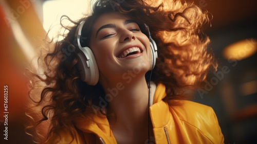 Joyful young women in wireless headphones and enjoy music, having fun, listening to music, raising his arm, dancing to favorite song, enjoying cool soundtrack, happy life.