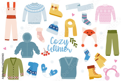 Set of cozy warm winter clothes and accessories, stay warm concept, vector