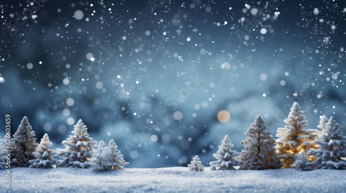 Winter wonderland frosted spruce branches, snowy drifts, and bokeh lights for holiday backgrounds