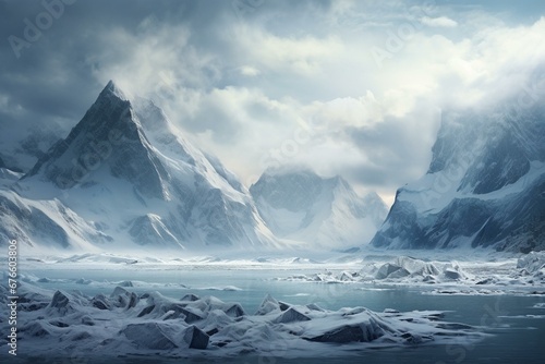Frozen landscape with snowy peaks and glaciers. Generative AI