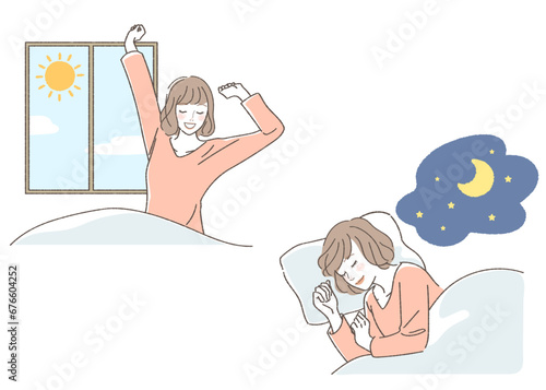 Set of Illustrations of a Woman Waking Up.