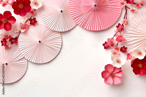 Lunar or Chinese New Year Banner with Traditional Paper Fans and Real Sakura Flower Blooms Branches on  Background with copy space for text. Generative ai
