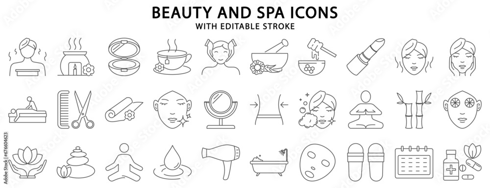 Beauty and spa icons. Beauty and spa icon set. Beauty and spa line icons. Vector illustration. editable stroke.