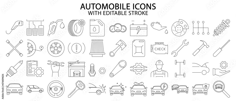 Automobile icons. Automobile icon set. Automotive icons. Set icon of automobile. Automobile line icons. Vector illustration Editable stroke.
