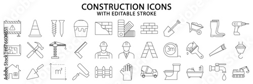 Construction icons. Construction icon set. Construction line icons. Vector illustration. Editable stroke.