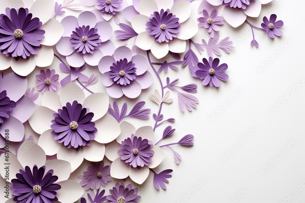 Soft white background with purple paper cut style flowers. Generative AI