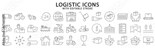 Logistic icons. Logistic icon set. Logistic line icons. Vector illustration. Editable stroke.