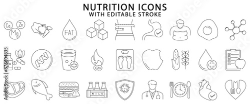 Nutrition icons. Nutrition icon set. Nutrition line icons. Vector illustration. Editable stroke.