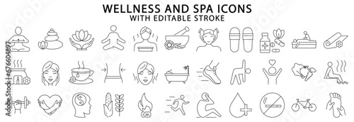 Wellness and spa icons. Wellness and spa icon set. Wellness line icons. Vector illustration Editable stroke. photo