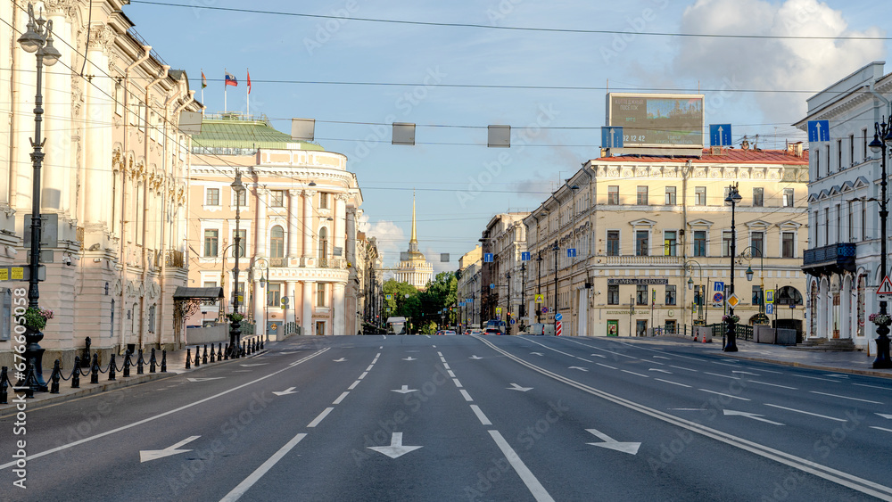 Saint Petersburg, Russia, July 22, 2023: Nevsky Prospekt in the early morning