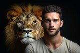A male lion and a male human portrait.