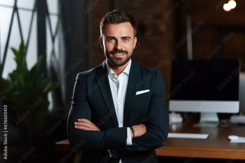 portrait of a businessman arms crossed standing in office portrait of a businessman arms crossed standing in office