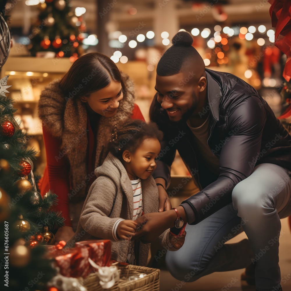 Young happy interracial family with a child in the store near the Christmas tree in the evening with warm light. Generation AI Young happy interracial family with a child in the store near the Christmas tree in the evening with warm light. Generation AI