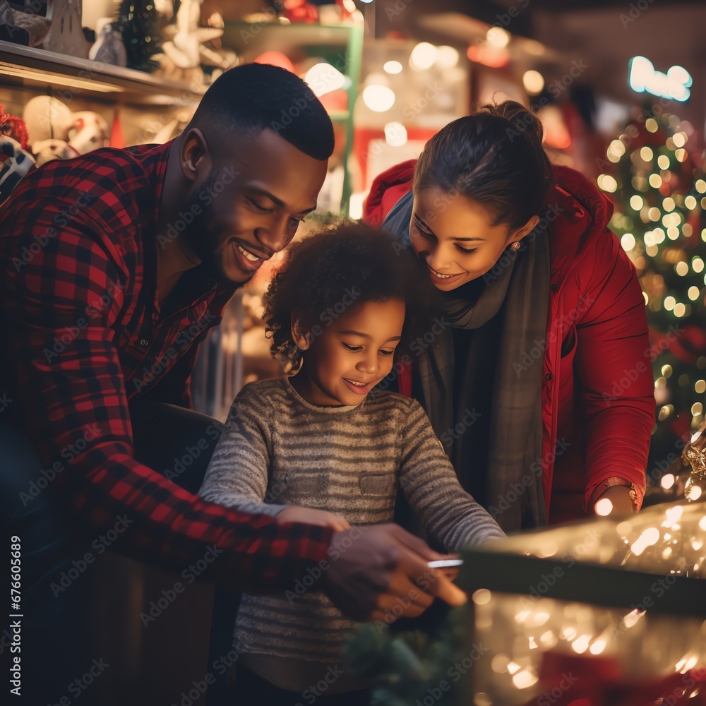 Young happy interracial family with a child in the store near the Christmas tree in the evening with warm light. Generation AI Young happy interracial family with a child in the store near the Christmas tree in the evening with warm light. Generation AI