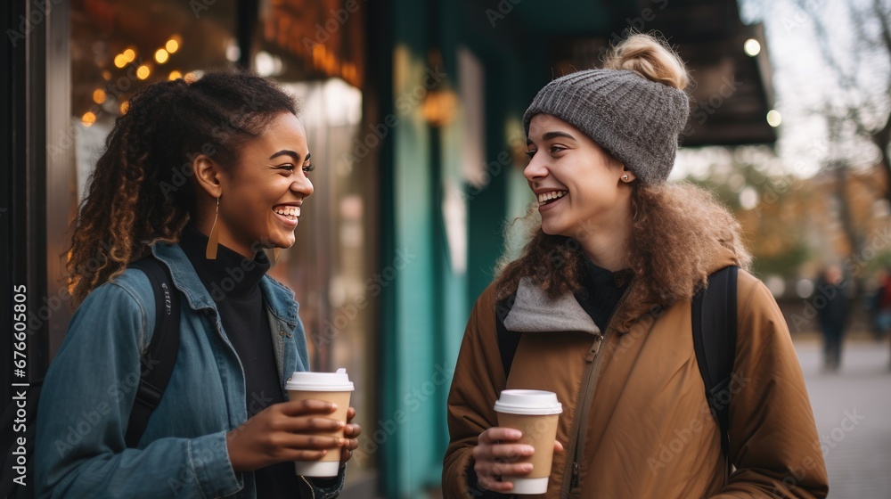 Two teenage friends hanging out and talking after getting coffee - obrazy, fototapety, plakaty 
