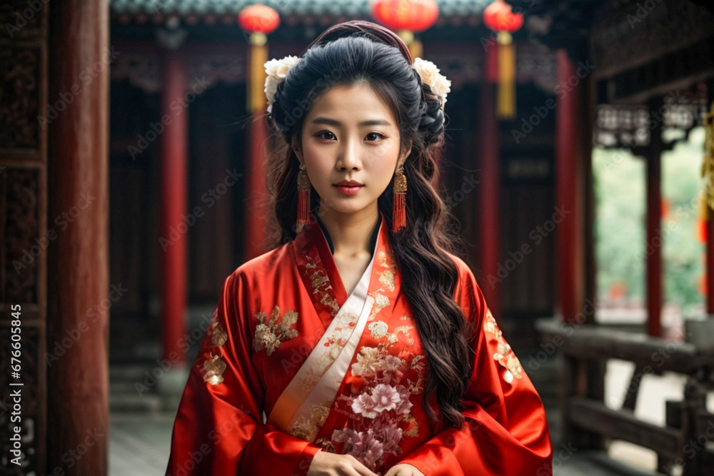 Portrait of the beautiful Chinese girl in Asian clothes and jewelry against the backdrop of a traditional interior