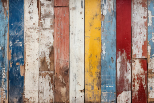 Old colored wood planks texture background, vintage damaged painted boards. Rough wooden wall, worn multicolored surface. Theme of design, nature, material, grunge, pattern
