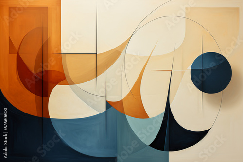 Geometric abstract elements wall art illustration and artwork, in the style of dark beige and dark azure, organic shapes and curved lines, figurative simplicity, aerial view, abstract: non - represent