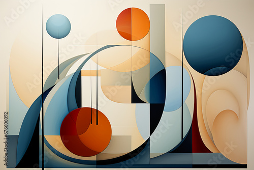 Geometric abstract elements wall art illustration and artwork, in the style of dark beige and dark azure, organic shapes and curved lines, figurative simplicity, aerial view, abstract: non - represent photo