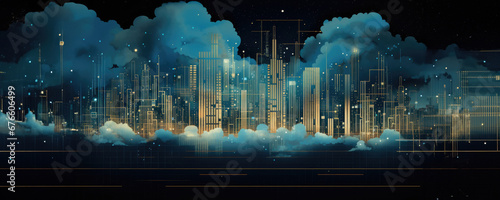 Futuristic skyscrapers surrounded by clouds, concept of digital file storage and advancing technology photo