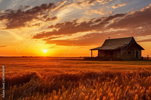 Sunset on a wheat field with a peasant hut photo