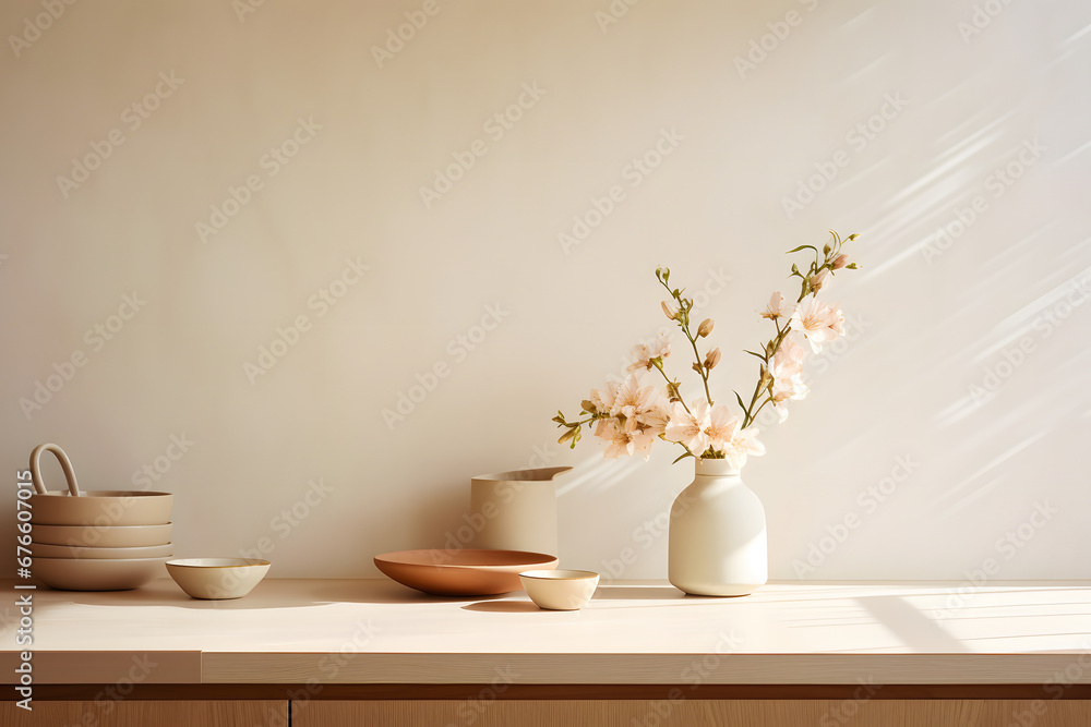 Stylish kitchen interior with furnitures, plants, and elegant personal accessories. Home decor. Interior design, minimalism, modern mood Stylish kitchen interior with furnitures, plants, and elegant personal accessories. Home decor. Interior design, minimalism, modern mood