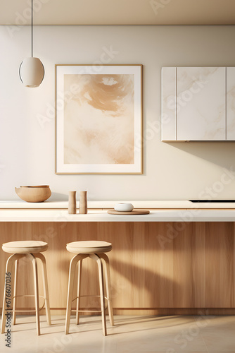 Stylish kitchen interior with furnitures, plants, and elegant personal accessories. Home decor. Interior design, minimalism, modern mood photo