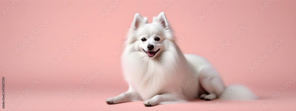 Studio portraits of a funny Japanese Spitz dog on a plain and colored background. Creative animal concept, dog on a uniform background for design and advertising. Studio portraits of a funny Japanese Spitz dog on a plain and colored background. Creative animal concept, dog on a uniform background for design and advertising.