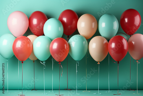 Lots of colorful balloons with ropes on a light green background  photo  without people