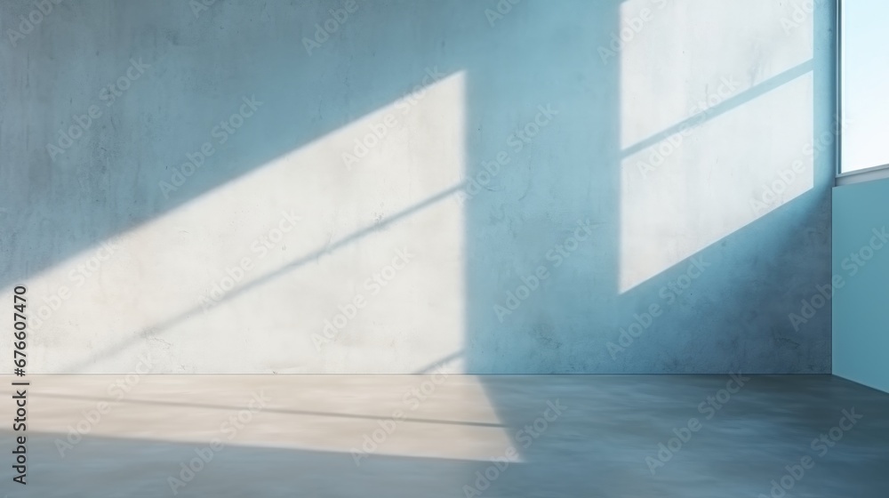 Abstract light blue background, perfect for product presentations. Shadows and light from the window on the cement wall Morning light enters through the diagonal window. Abstract light blue background, perfect for product presentations. Shadows and light from the window on the cement wall Morning light enters through the diagonal window.
