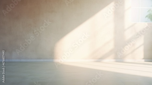 Abstract light beige background, perfect for product presentations. Shadows and light from the window on the cement wall Morning light enters through the diagonal window.