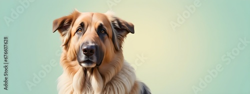 Studio portraits of a funny South Russian Shepherd dog on a plain and colored background. Creative animal concept, dog on a uniform background for design and advertising.