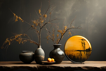 Deken met foto Japandi stijl A dark moon, in the style of soft Japandi art, muted tones, dark silver and beige, minimalist still life, grey and amber, serene and tranquil scenes, captivating sense of movement, precarious balance  © 성우 양