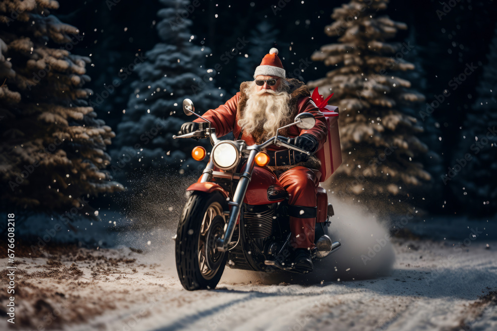 Santa Claus with a box of gifts on his back rides a motorcycle along a forest road past Christmas trees. Christmas concept