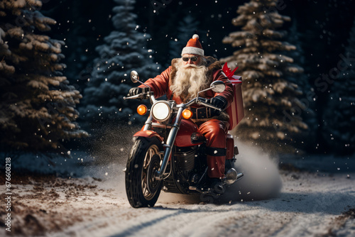 Santa Claus with a box of gifts on his back rides a motorcycle along a forest road past Christmas trees. Christmas concept © Тарас Рощук