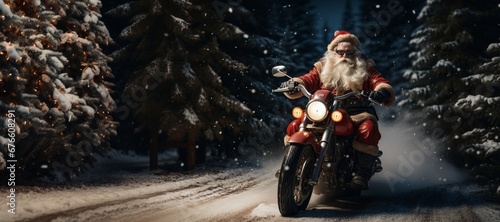 Santa Claus in glasses rides a motorcycle along a forest road past Christmas trees. Christmas concept. Copy space
