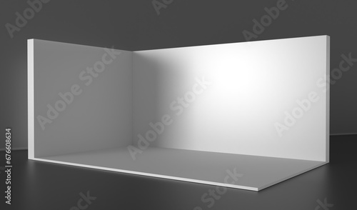 Booth 3d corner. Square corner. 3D exhibition booth. Showroom.  Empty geometric square. Blank box template. White blank exhibition stand. Presentation event room.