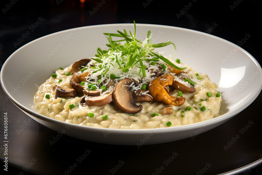 A bowl of creamy risotto, cooked to perfection and garnished with sautéed mushrooms, fresh herbs, and a generous sprinkle of grated Parmesan cheese. Ai Generated.NO.03