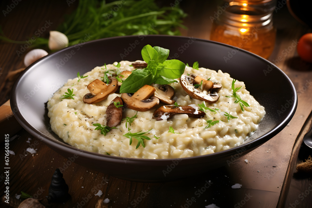 A bowl of creamy risotto, cooked to perfection and garnished with sautéed mushrooms, fresh herbs, and a generous sprinkle of grated Parmesan cheese. Ai Generated.NO.01