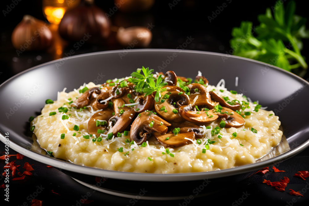 A bowl of creamy risotto, cooked to perfection and garnished with sautéed mushrooms, fresh herbs, and a generous sprinkle of grated Parmesan cheese. Ai Generated.NO.02 A bowl of creamy risotto, cooked to perfection and garnished with sautéed mushrooms, fresh herbs, and a generous sprinkle of grated Parmesan cheese. Ai Generated.NO.02