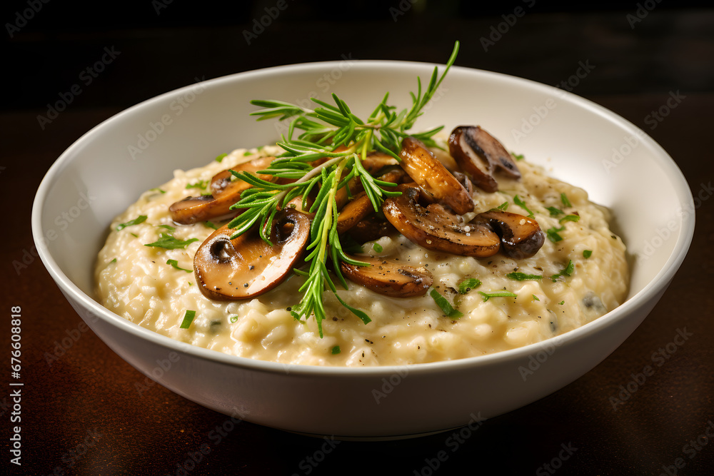 A bowl of creamy risotto, cooked to perfection and garnished with sautéed mushrooms, fresh herbs, and a generous sprinkle of grated Parmesan cheese. Ai Generated.NO.04 A bowl of creamy risotto, cooked to perfection and garnished with sautéed mushrooms, fresh herbs, and a generous sprinkle of grated Parmesan cheese. Ai Generated.NO.04