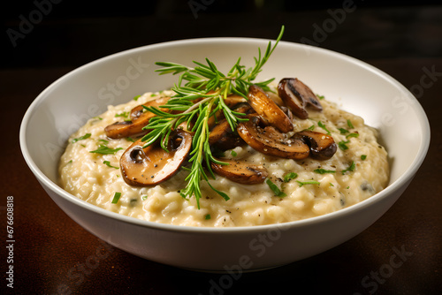 A bowl of creamy risotto, cooked to perfection and garnished with sautéed mushrooms, fresh herbs, and a generous sprinkle of grated Parmesan cheese. Ai Generated.NO.04