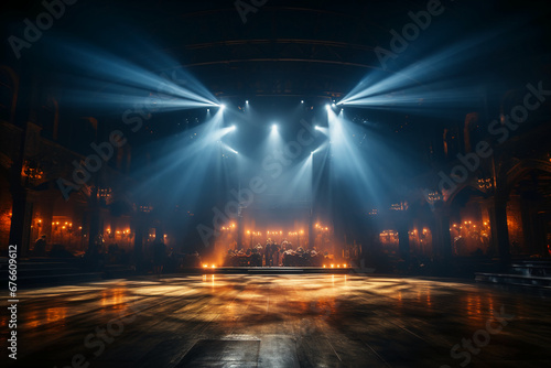 An empty stage club with blue and yellow bright stage lights and lights beams through a smokey atmosphere background