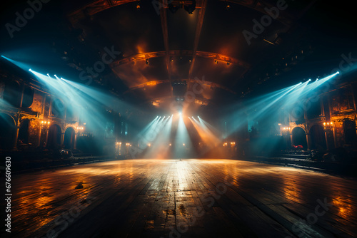 An empty stage club with blue and yellow bright stage lights and lights beams through a smokey atmosphere background