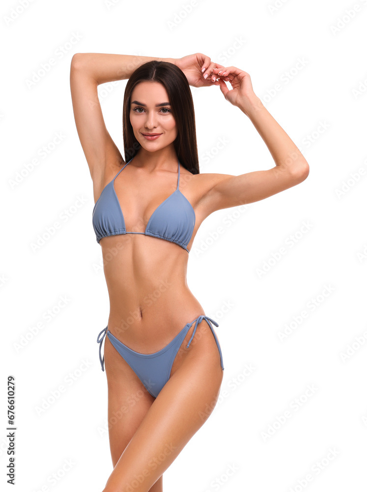 Young woman in stylish bikini isolated on white Young woman in stylish bikini isolated on white