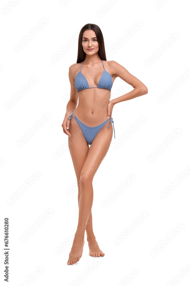 Young woman in stylish bikini isolated on white Young woman in stylish bikini isolated on white