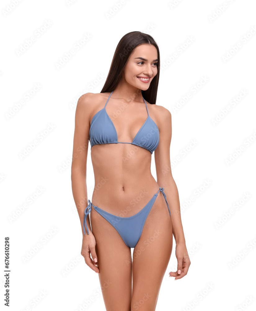 Young woman in stylish bikini isolated on white Young woman in stylish bikini isolated on white