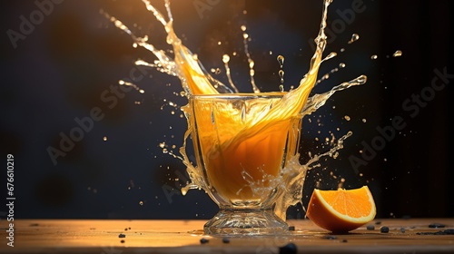 Fresh orange juice splashing out of a glass with fruits on the background