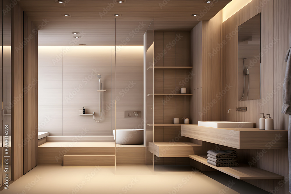 The bathroom is in a modern style in beige and calm shades. Consistent design, simplicity, minimalism, calm mood The bathroom is in a modern style in beige and calm shades. Consistent design, simplicity, minimalism, calm mood